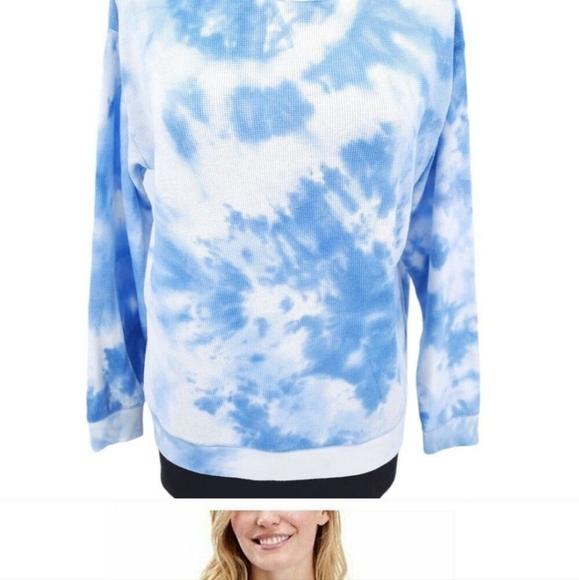 Splendid Tie Dye Thermal Top Size L Blue Crew Neck Long Sleeve Waffle Knit Shirt - Picture 2 of 9